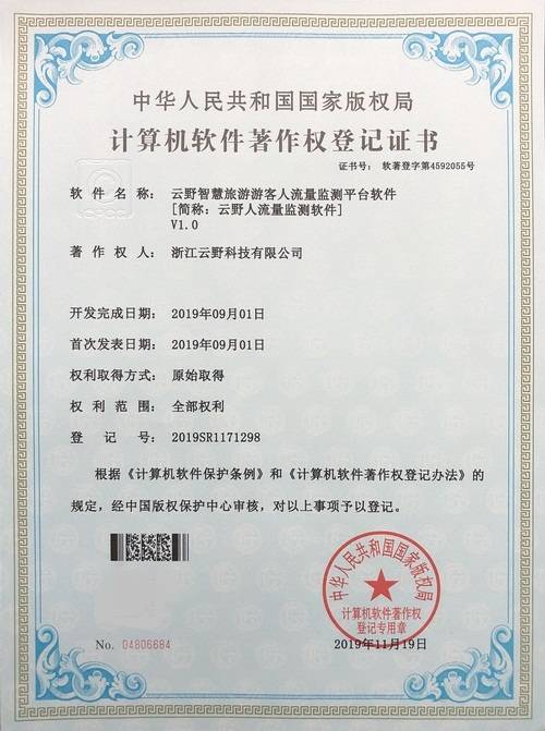 浙江云野科技获得二十多项软件著作权登记证书